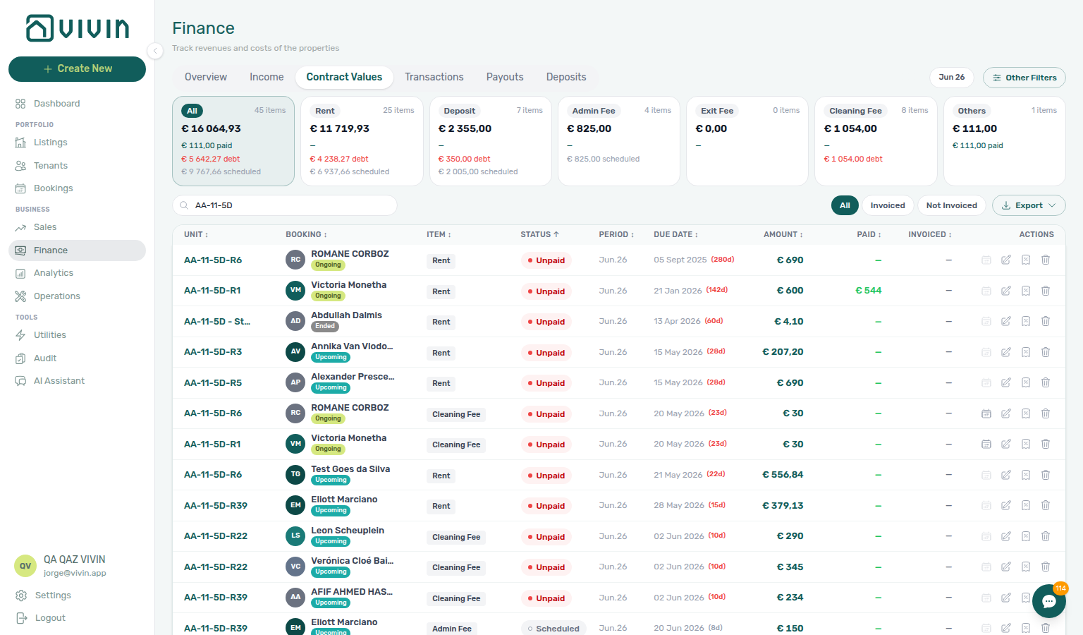 Finance Contract Values — Other filters drawer, Property &amp; Listing section with Property paged picker open (server search; example AA-11-5D)