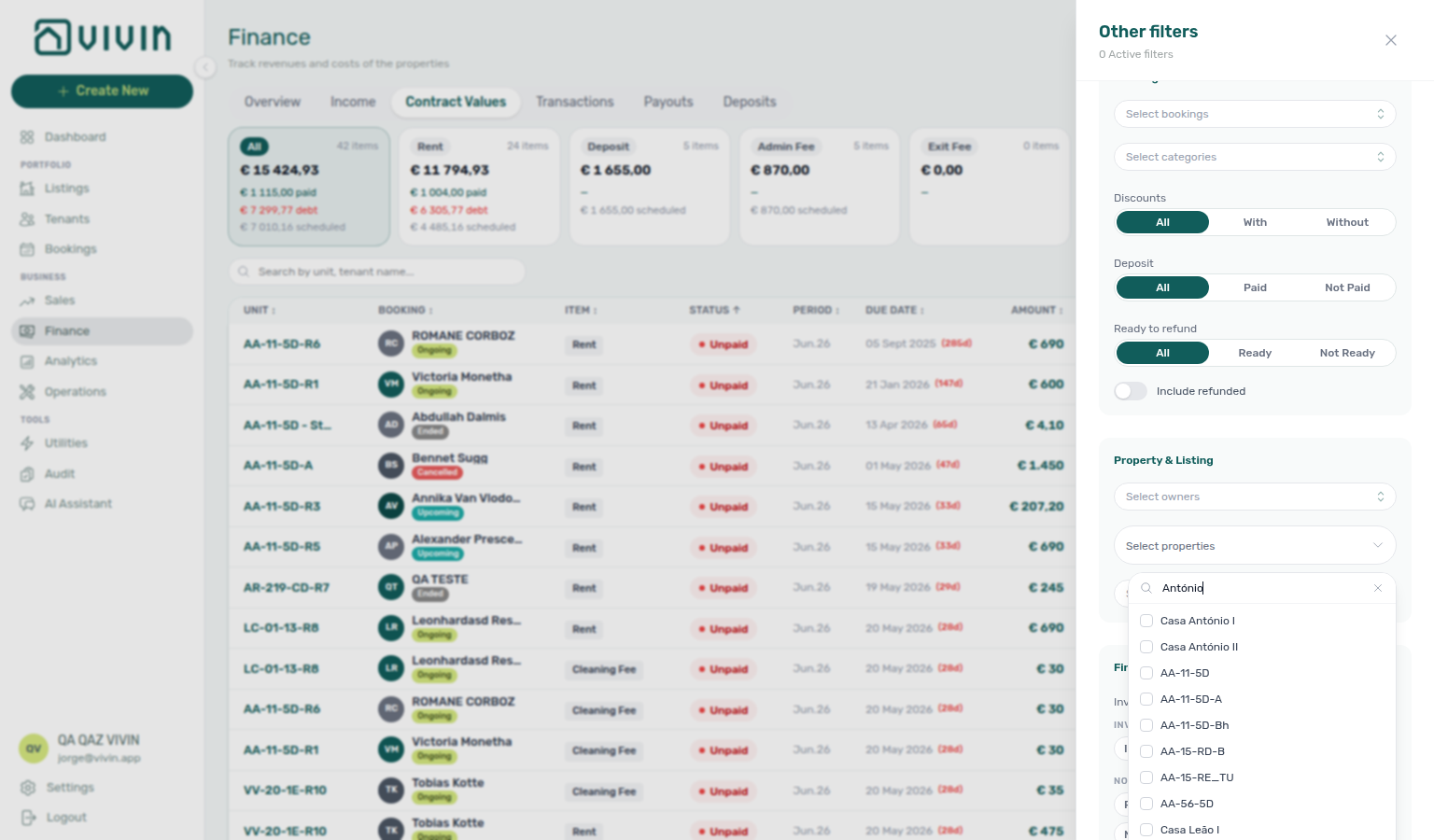 Finance Contract Values — Other filters Property picker after server search (internalName matches ranked above address-only hits, example António)