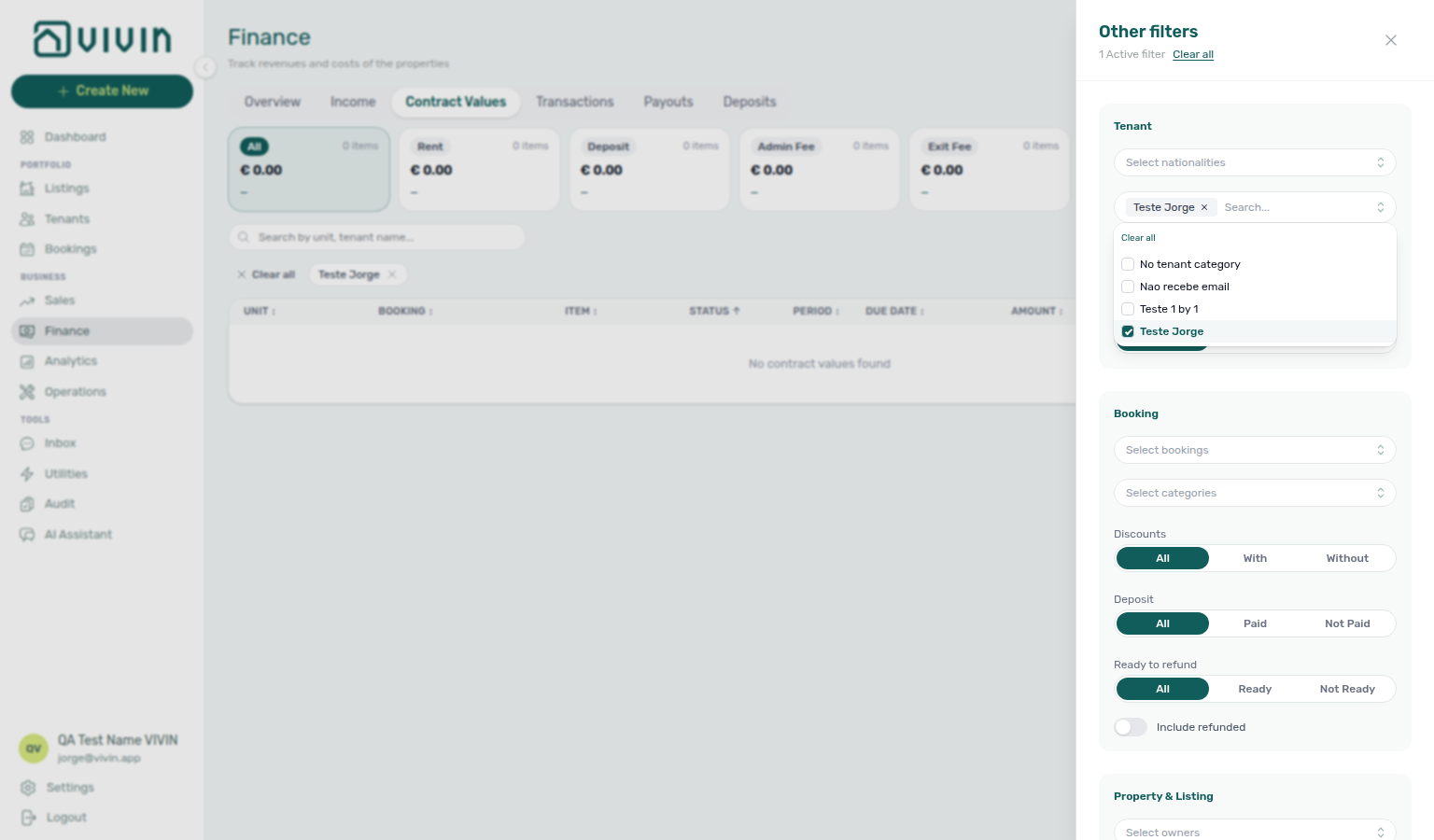 Finance Contract Values — Other filters drawer with Tenant category multi-select and one segment active