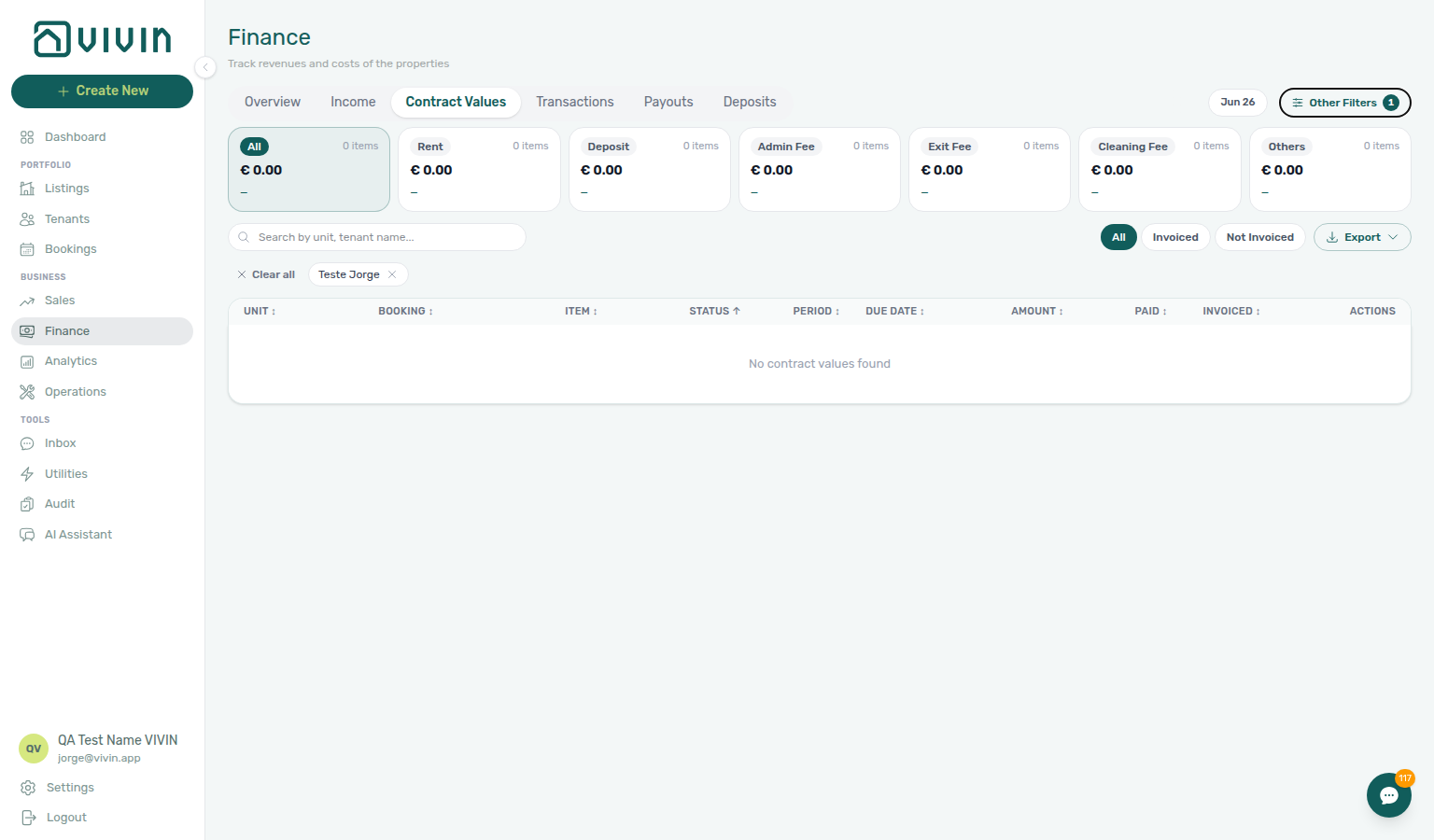Finance Contract Values — active tenant category filter pill on the toolbar after applying Other filters