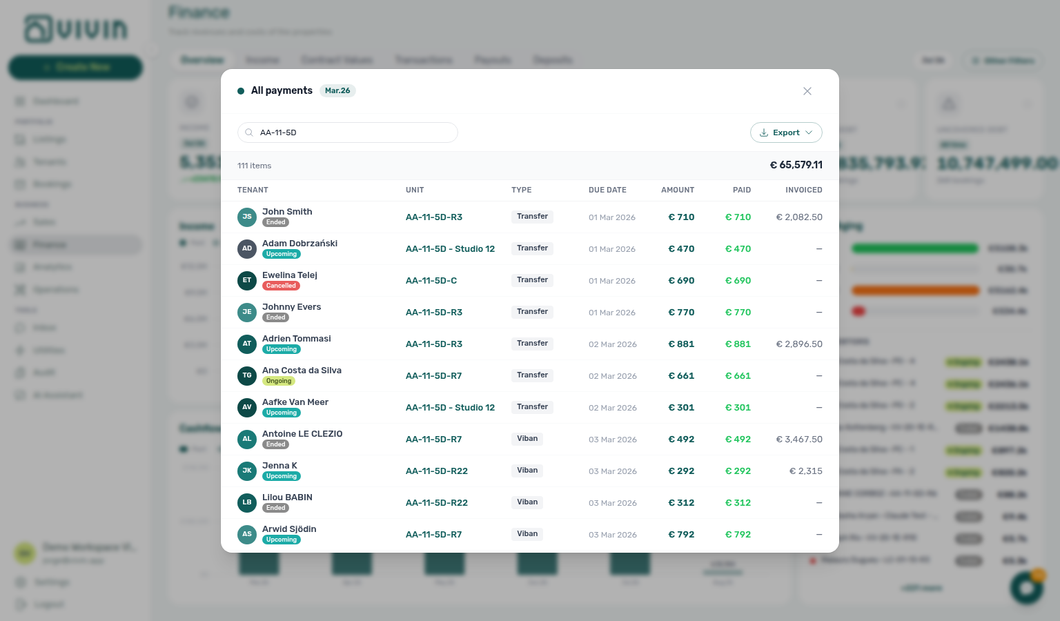 Finance Overview — All payments drill-down from a Cash flow forecast month bar