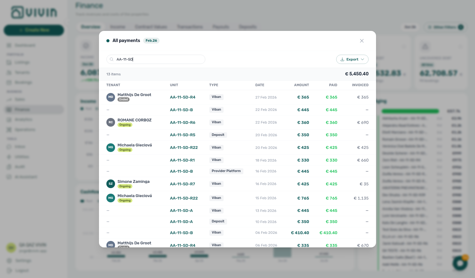 Finance Overview — All payments drill-down from a Cash flow forecast month bar