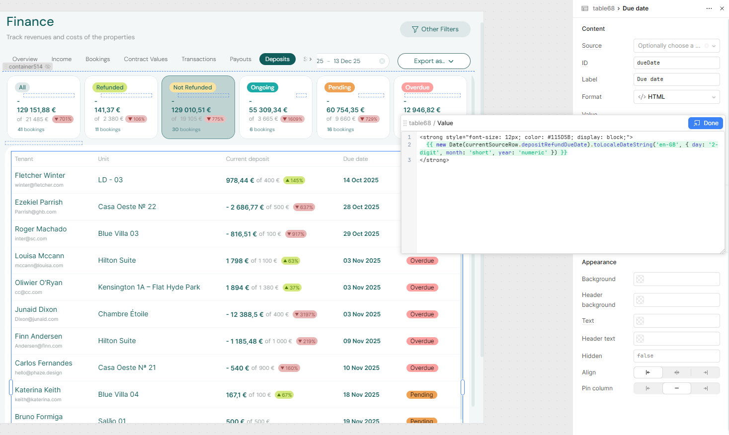 Finance Overview Filter Panel