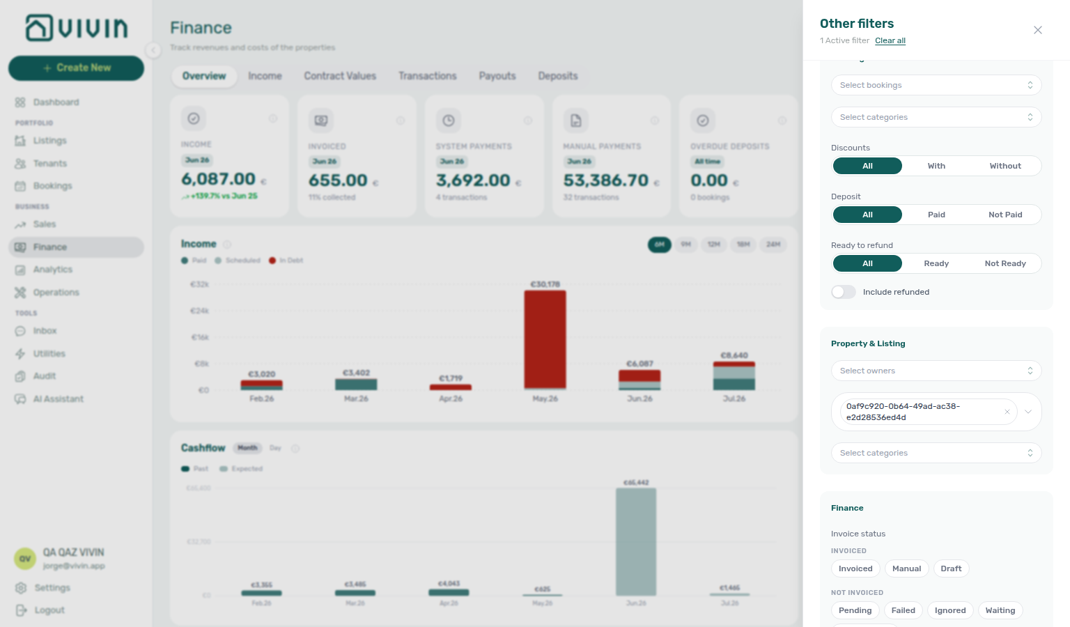 Finance Overview — Other filters drawer open on Overview (Property &amp; Listing section; same role="dialog" drawer on every Finance tab)