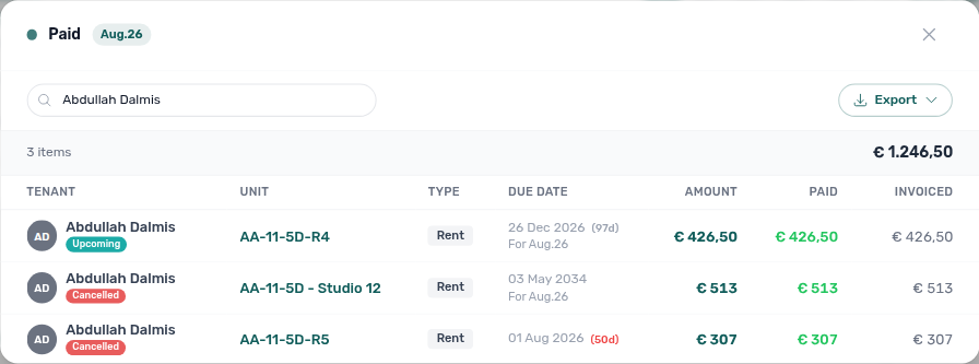 Finance Overview — Paid modal on a partly collected rent line; Amount is the collected part
