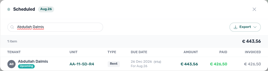 Finance Overview — Scheduled modal on the same tenant · unit; Amount is the remainder