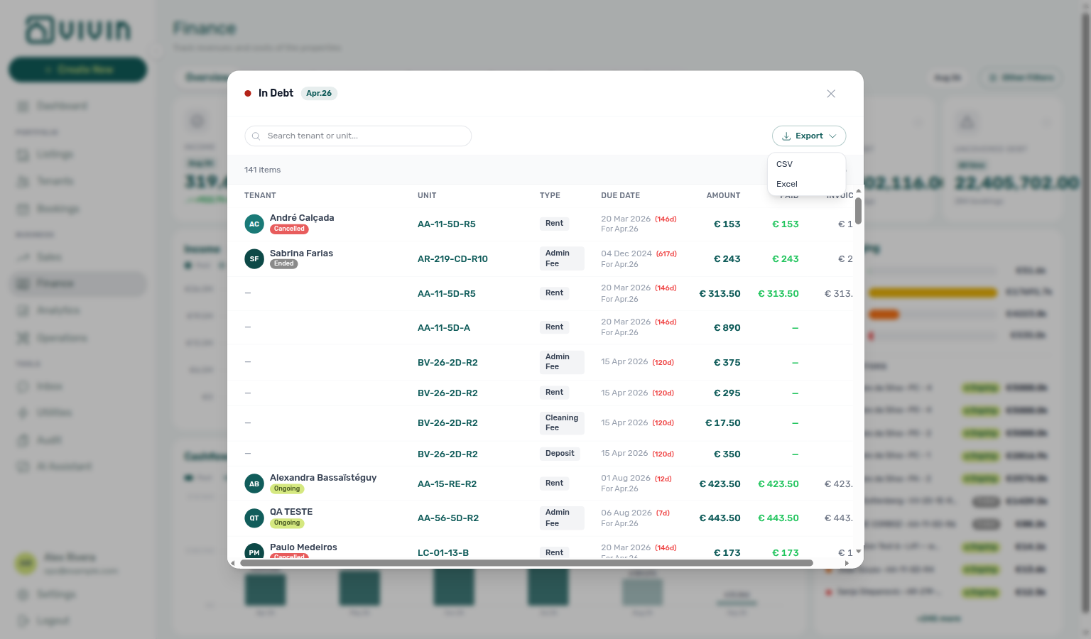 Finance Overview — In debt modal Export menu (CSV / Excel) after rows load