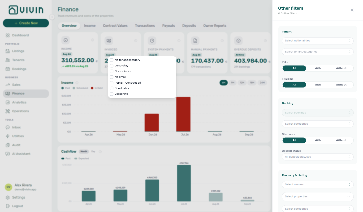 Finance Overview — Other filters drawer with Select tenant categories menu open