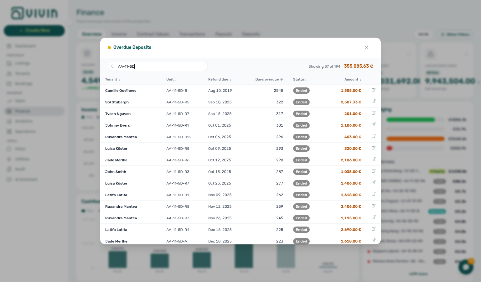 Finance Overview — Overdue Deposits drill-down modal (on-demand rows)