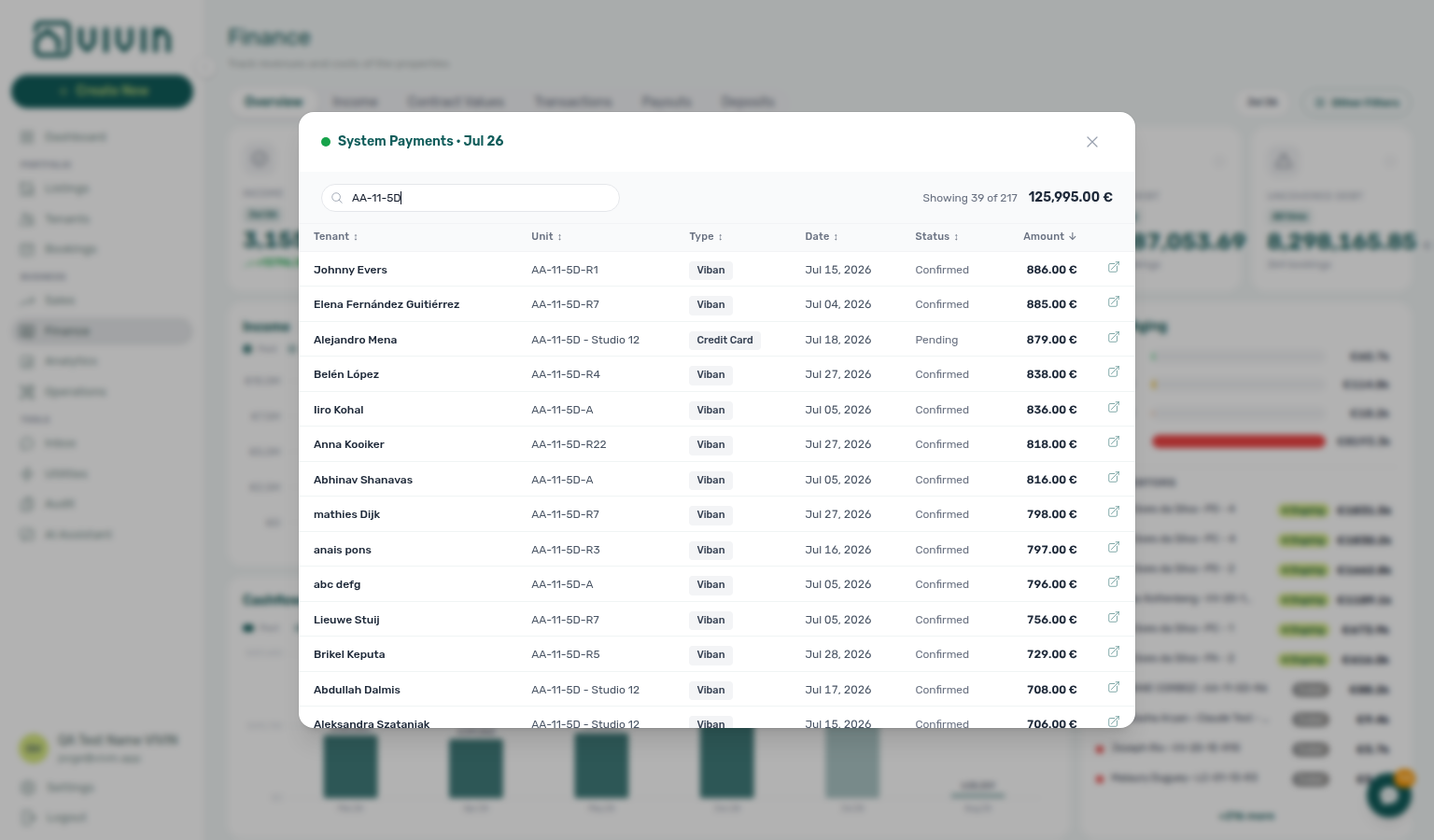 Finance Overview — System Payments drill-down modal for the selected month