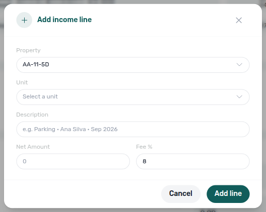 Finance Owner Reports — Add income line dialog (property, unit, description, net amount, fee %)