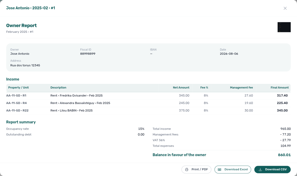 Finance Owner Reports — generated report detail with Print / PDF, Download Excel, and Download CSV