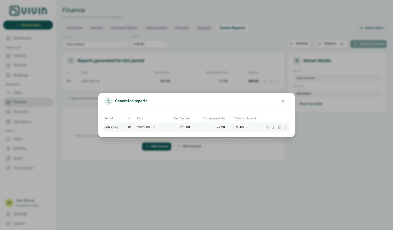 Finance Owner Reports — Generated reports modal with Invoice column