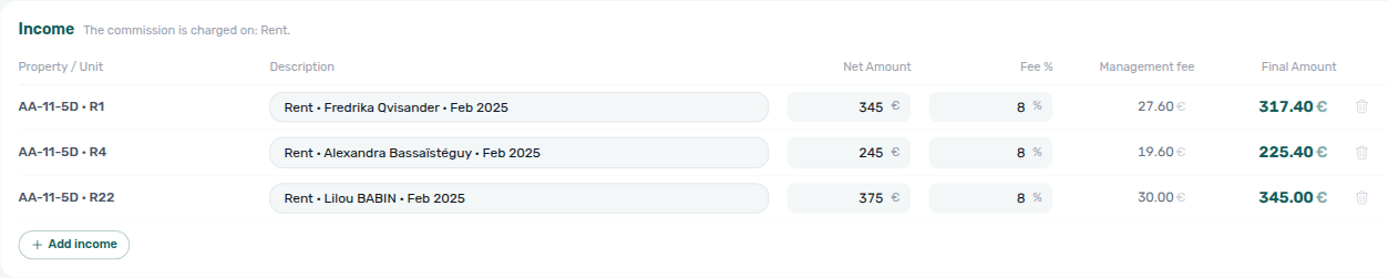 Finance Owner Reports — Income table with net amount, fee %, management fee, and final amount