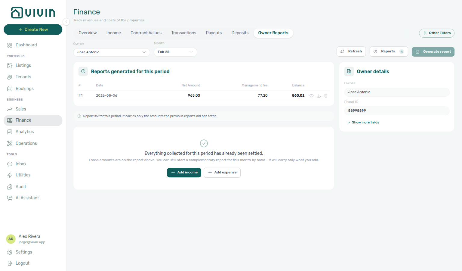 Finance Owner Reports — Reports generated for this period with management fee and balance
