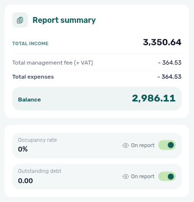 Finance Owner Reports — Report summary with Total management fee (+ VAT) and On report occupancy and debt toggles