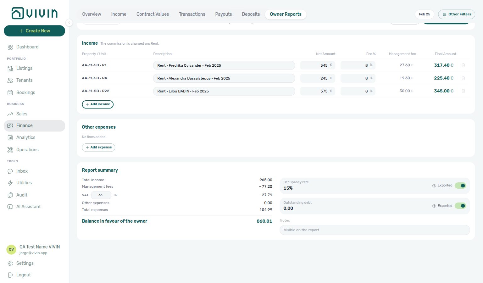 Finance Owner Reports — tab overview with owner picker, income lines, other expenses, and report summary