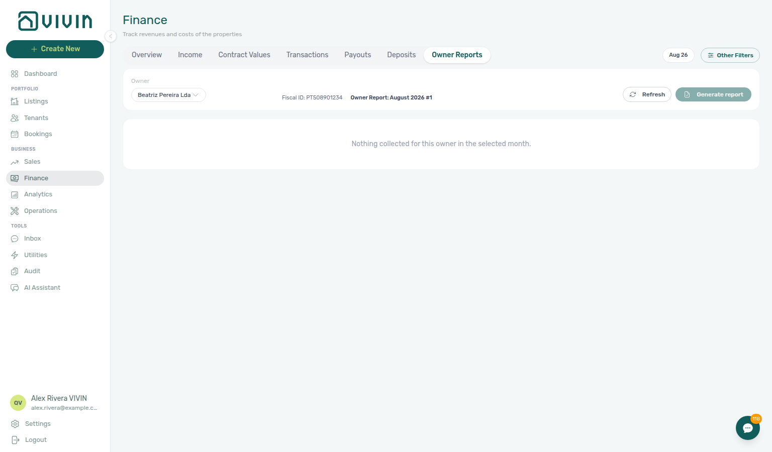 Finance — Owner Reports tab visible in the toolbar after Preferences enable