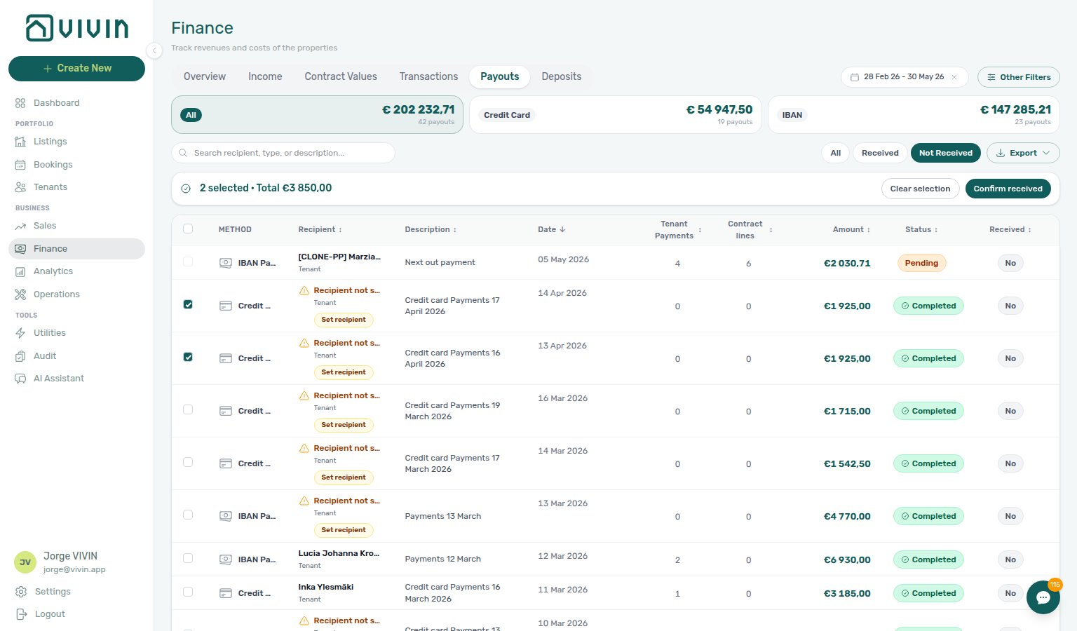 Finance Payouts — bulk selection bar after choosing two eligible rows (Clear selection and Confirm received)