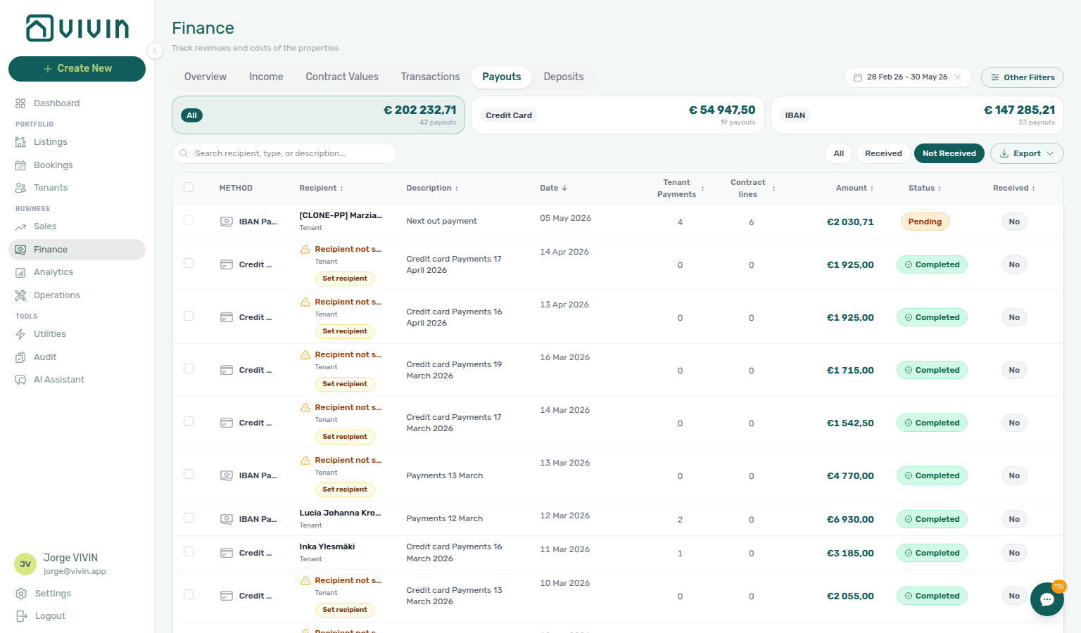 Finance Payouts — Contract lines column with per-row counts and header tooltip context