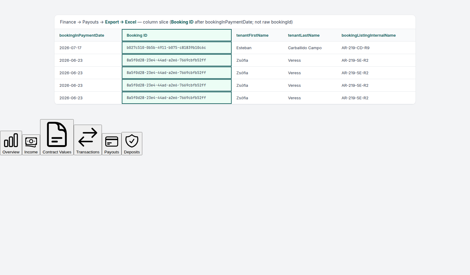 Finance Payouts — Excel export column slice highlighting Booking ID after bookingInPaymentDate (canonical header, not raw bookingId)