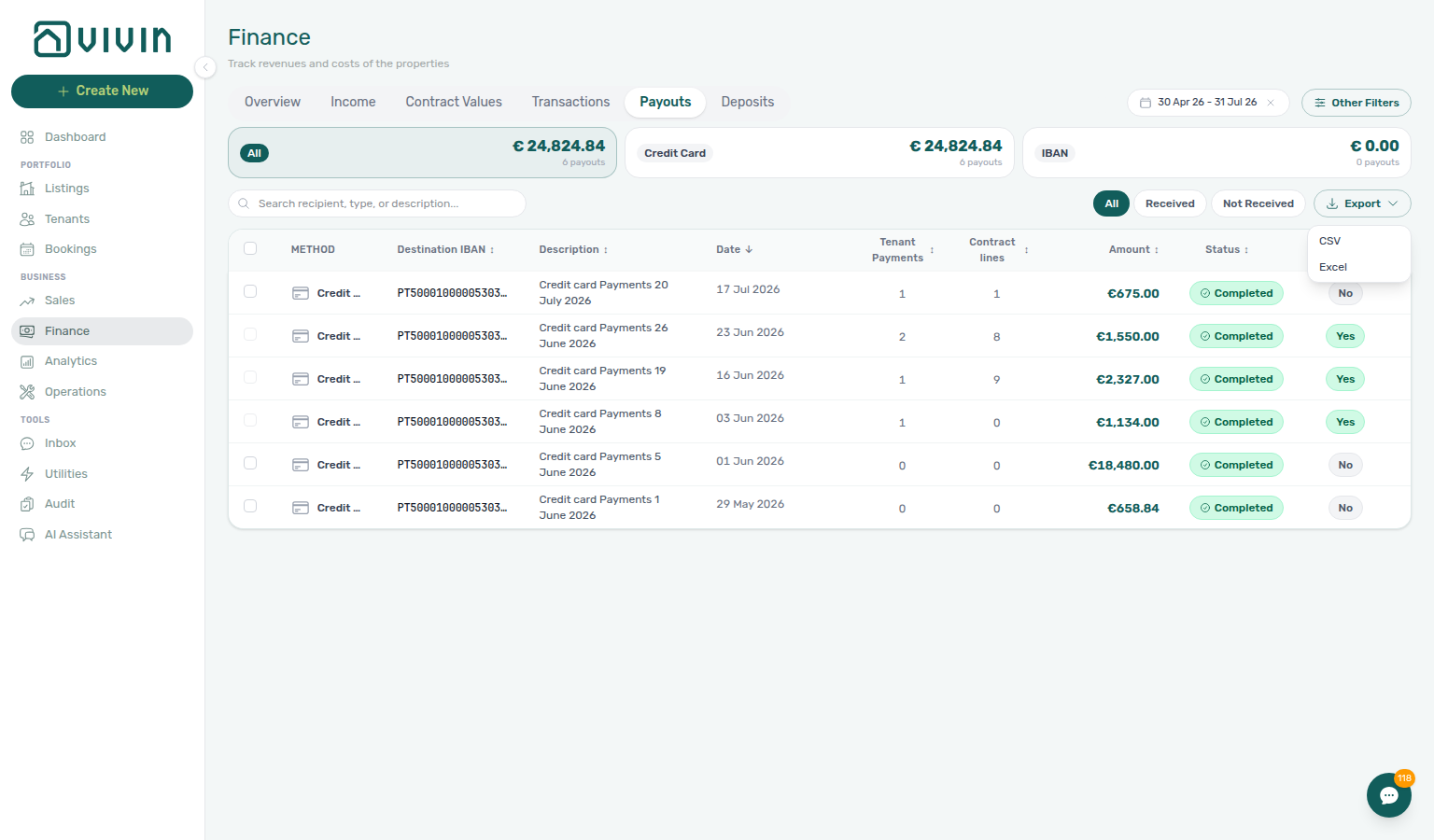 Finance Payouts — Export open without scrolling the table; file includes the full filtered payout set