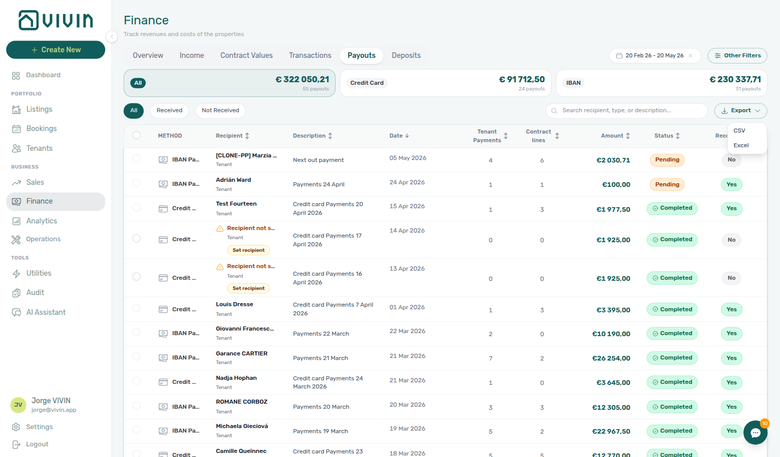 Finance Payouts — Export menu (CSV / Excel) on the Payouts tab; download reflects current date range and filters