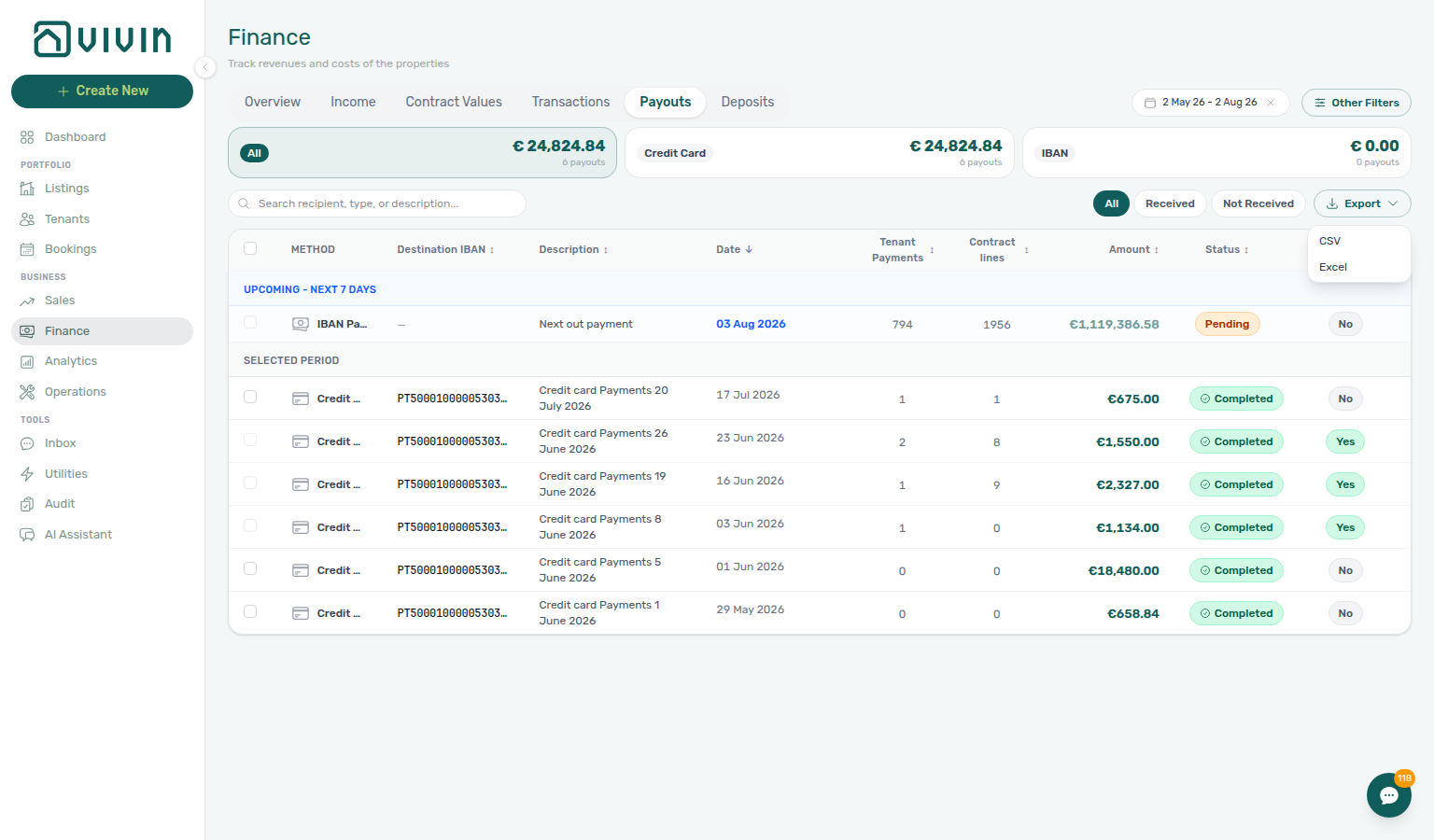 Finance Payouts — Export menu (CSV / Excel) on the Payouts tab; download is the full filtered set for the current date range and filters