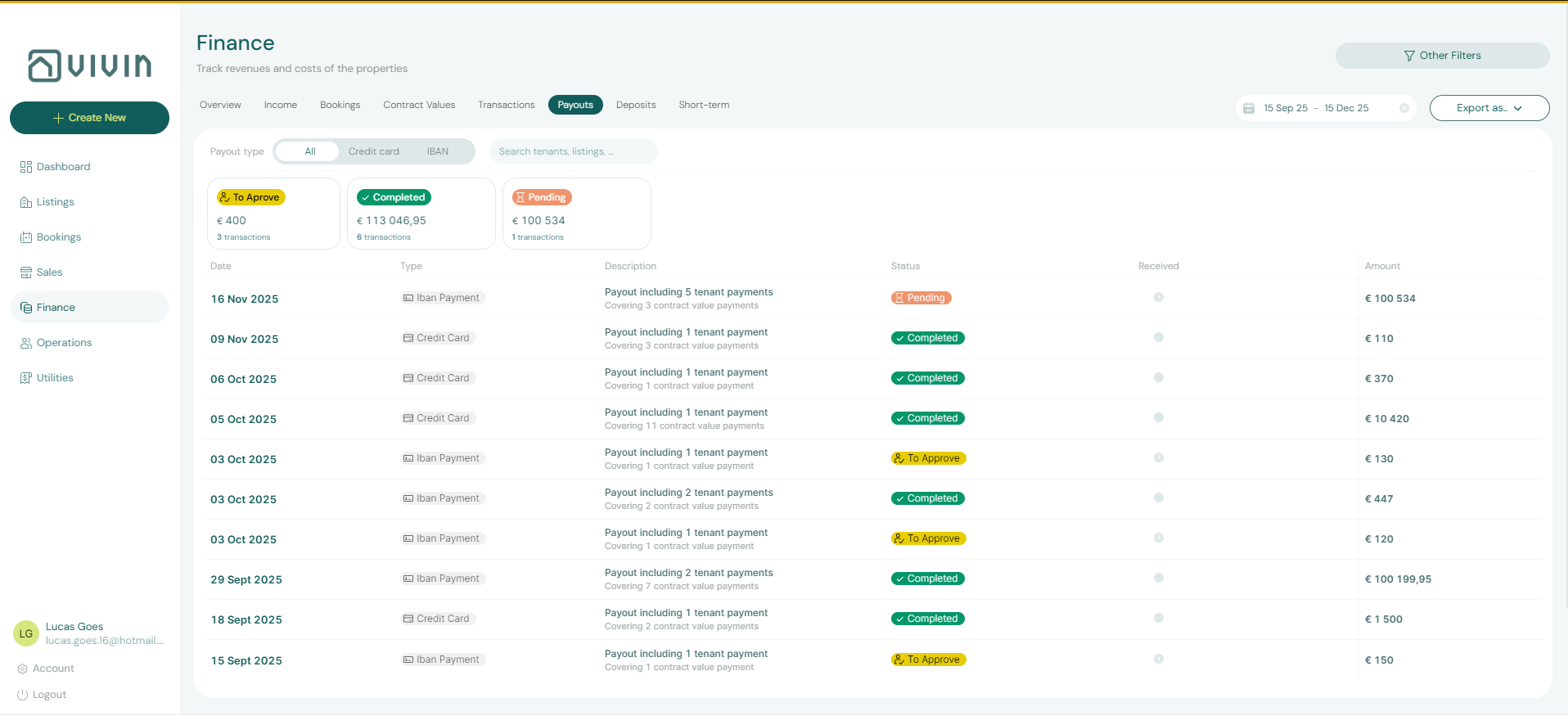 Finance Payouts List