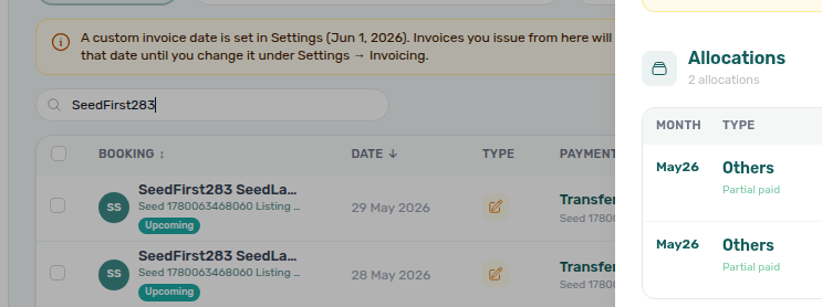 Finance Transactions — transaction detail sidebar with fixed invoice-date reminder above allocations