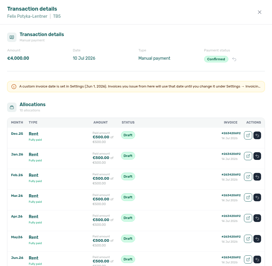 Finance Transactions — transaction detail Allocations column showing provider invoice reference #263420692