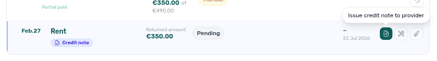 Finance transaction detail — pending Credit note allocation with Issue credit note to provider tooltip