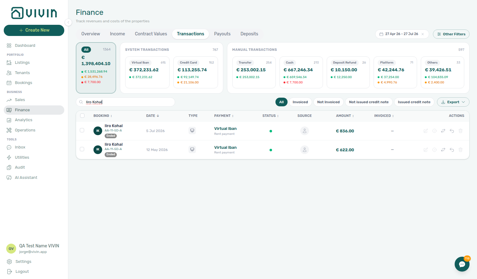 Finance Transactions — soft-archived booking still listing Virtual Iban rows after Delete Booking; Manual Transactions for that reservation are hidden (#1897)