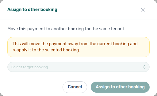 Finance Transactions — Assign to other booking modal with target booking selector