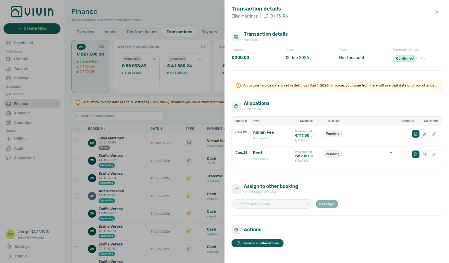 Finance Transactions — row click opens the booking sidebar on Transactions with the matching ledger row ring-highlighted