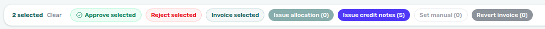 Finance Transactions — bulk selection bar with Issue credit notes (N)