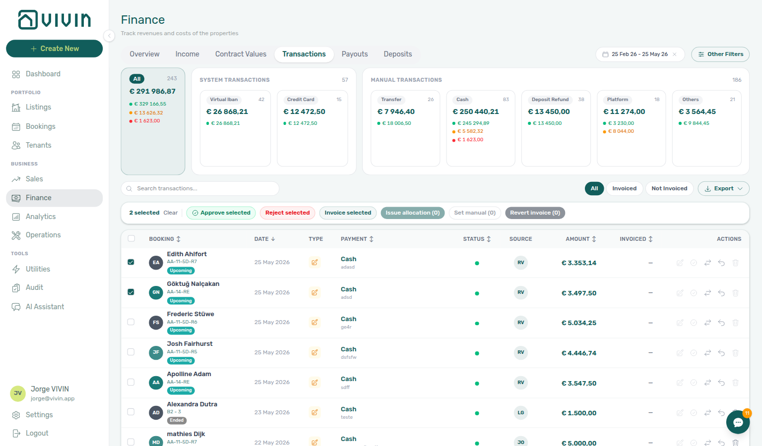 Finance Transactions — bulk selection bar with Issue allocation and Invoice selected actions