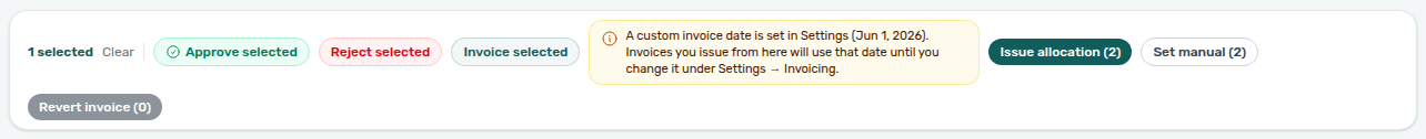 Finance Transactions — bulk toolbar with fixed invoice-date reminder beside Issue allocation
