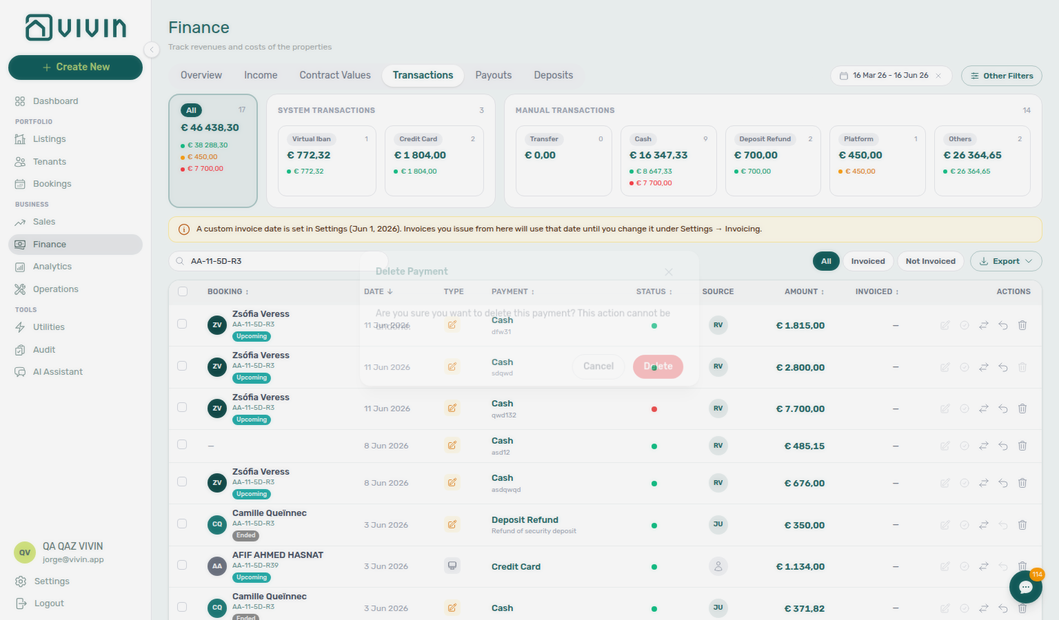Finance Transactions — Delete payment confirmation (action cannot be undone)