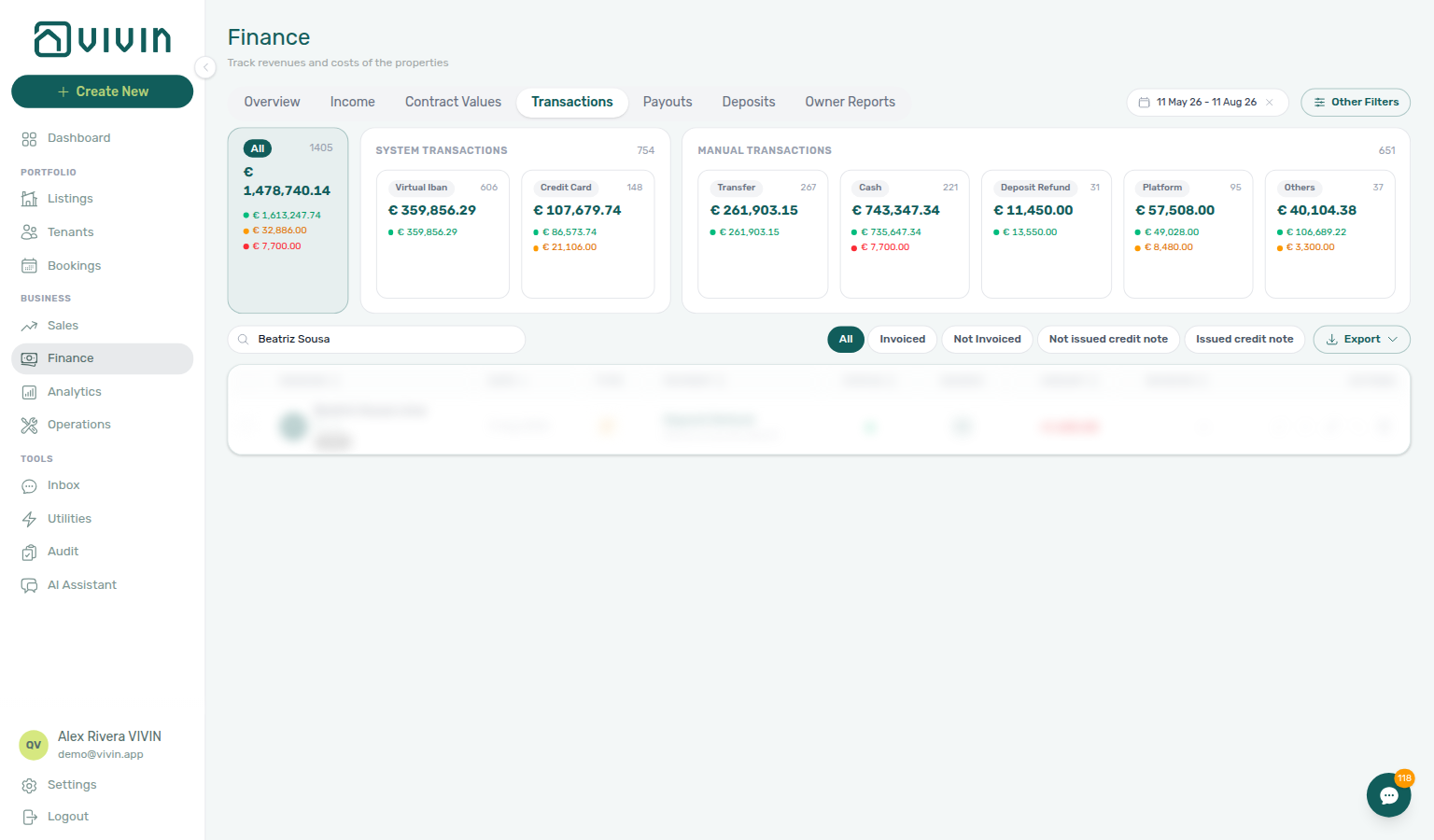 Finance Transactions — Deposit Refund ledger row after Mark refunded