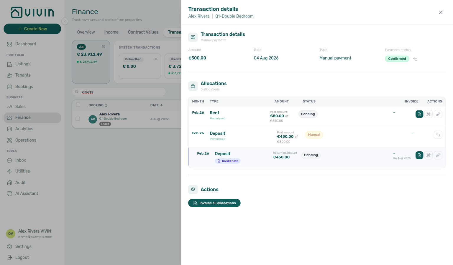 Finance transaction detail — parent in-payment with pending Deposit Credit note after Mark refunded