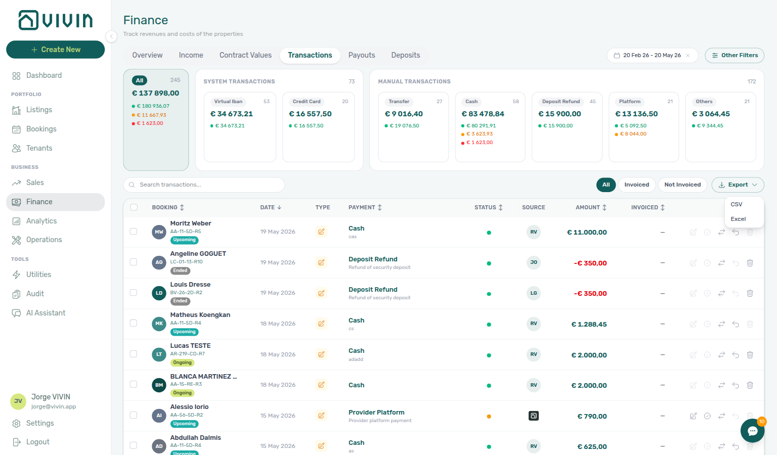 Finance Transactions — Export menu (CSV / Excel) on the Transactions tab; download reflects current date range and filters