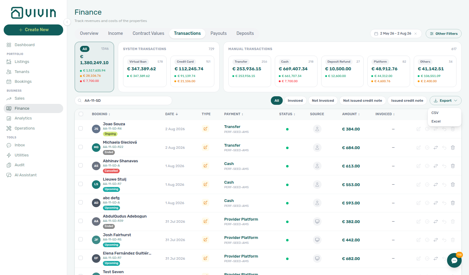 Finance Transactions — Export menu (CSV / Excel) on the Transactions tab; download is the full filtered set for the current date range and filters