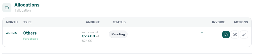 Finance Transactions — transaction detail Allocations grid (month, type, amount, status)