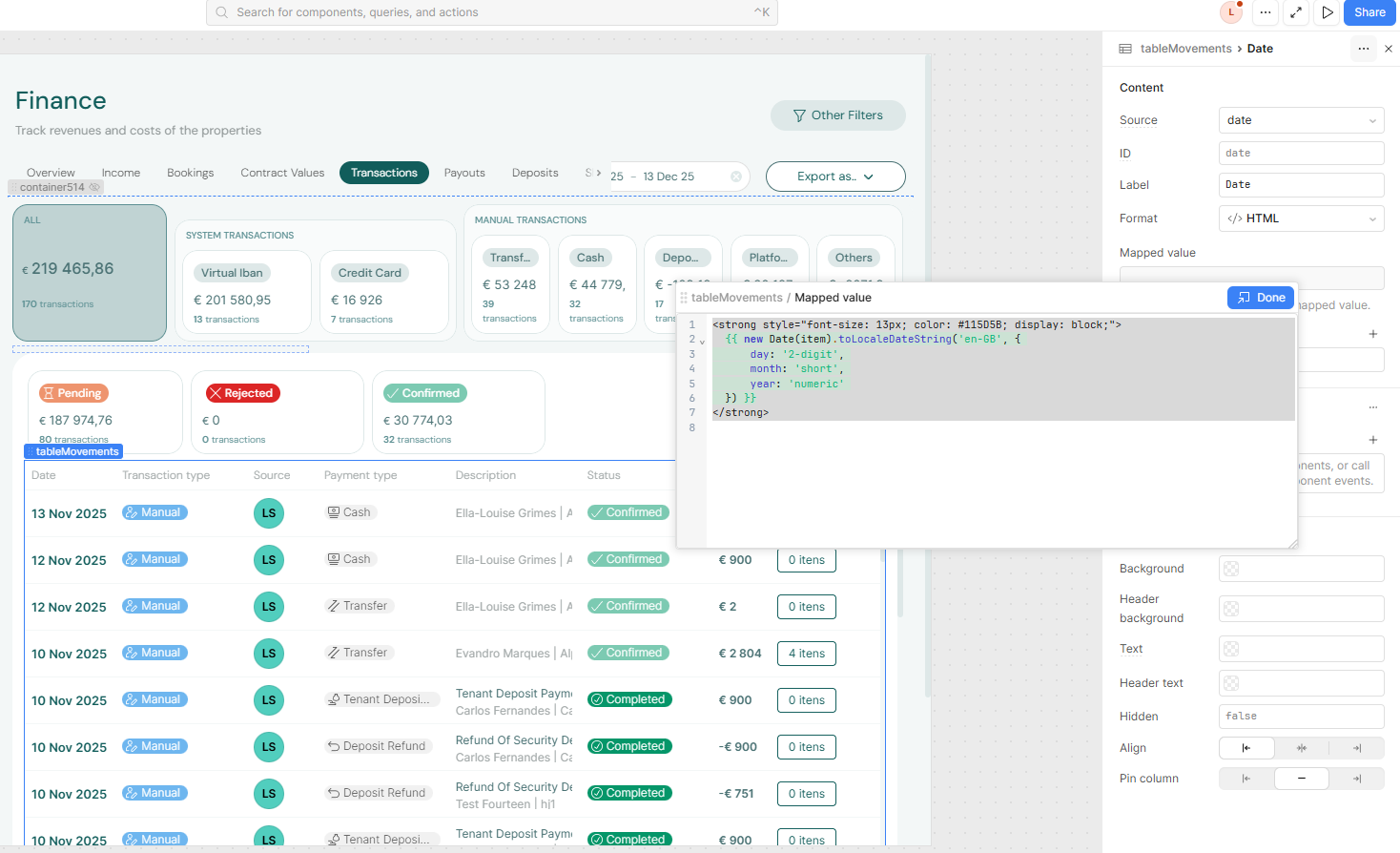 Finance Transactions Mapped Value