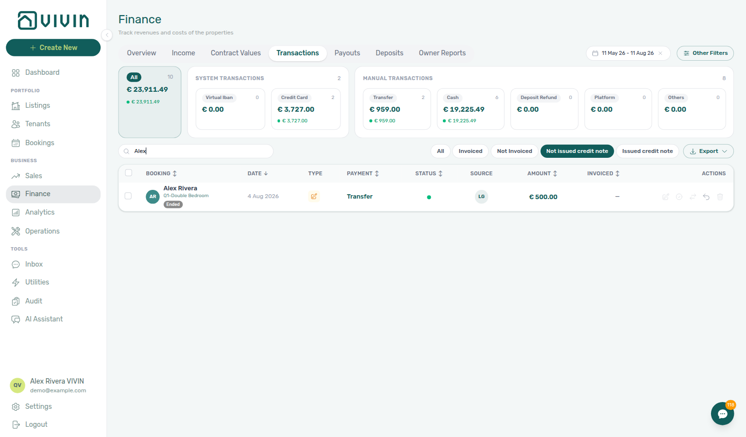 Finance Transactions — Not issued credit note filter showing the parent deposit in-payment after Mark refunded