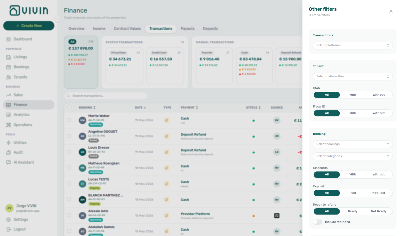 Finance Transactions — Other filters drawer with Transactions source-platform multi-select