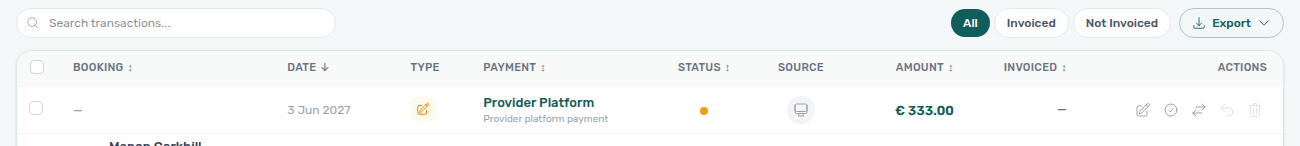 Finance Transactions — All card with amber Pending chip active and filtered ledger rows
