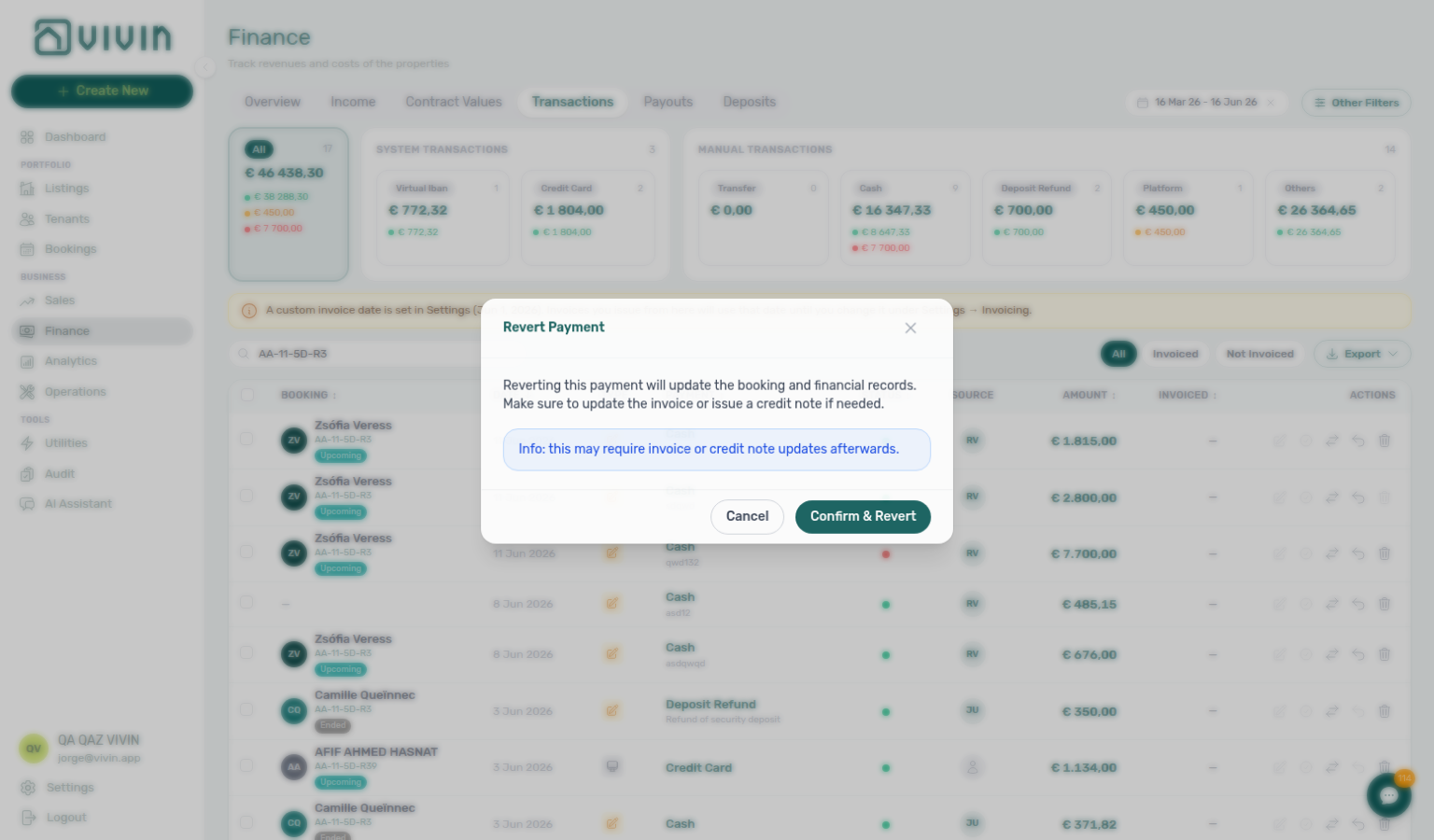 Finance Transactions — Revert payment confirmation with blue invoice follow-up info banner