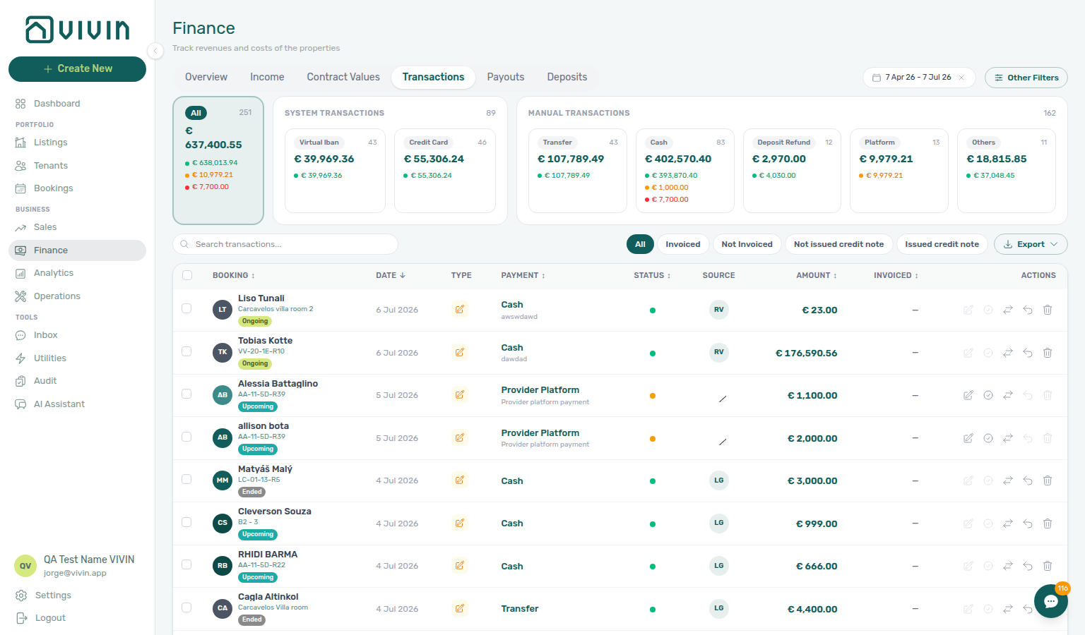Finance Transactions — ledger table with type-summary cards, search, invoice filter pills, and row actions